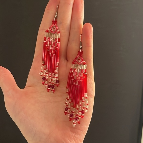 Artisan Handmade Jewelry - Aztec Style Artisan Beaded Earrings Southwest Long Fringe Tassel Dangle Drops